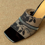 Women's Square Toe Floral Mesh Rhinestone Trim Stiletto Mule