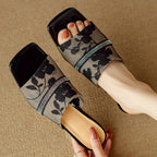 Women's Square Toe Floral Mesh Rhinestone Trim Stiletto Mule