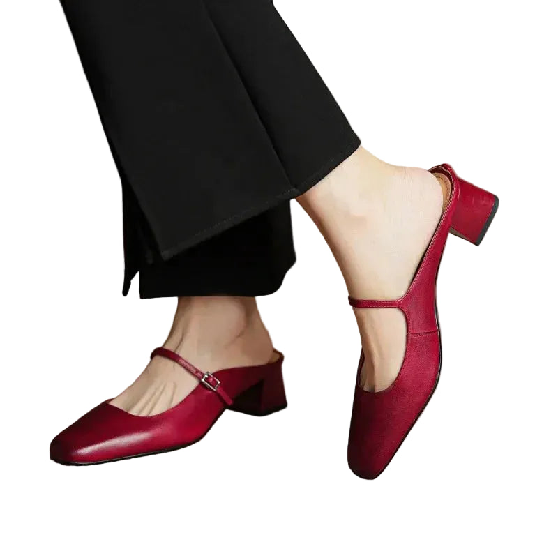 Women's Square Toe Open-Back Mary Jane Block Heel
