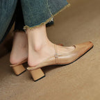 Women's Square Toe Open-Back Mary Jane Block Heel
