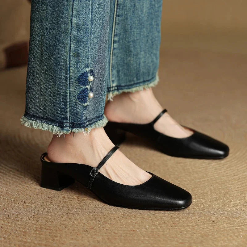 Women's Square Toe Open-Back Mary Jane Block Heel