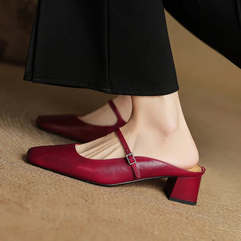 Women's Square Toe Open-Back Mary Jane Block Heel