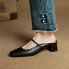 Women's Square Toe Open-Back Mary Jane Block Heel