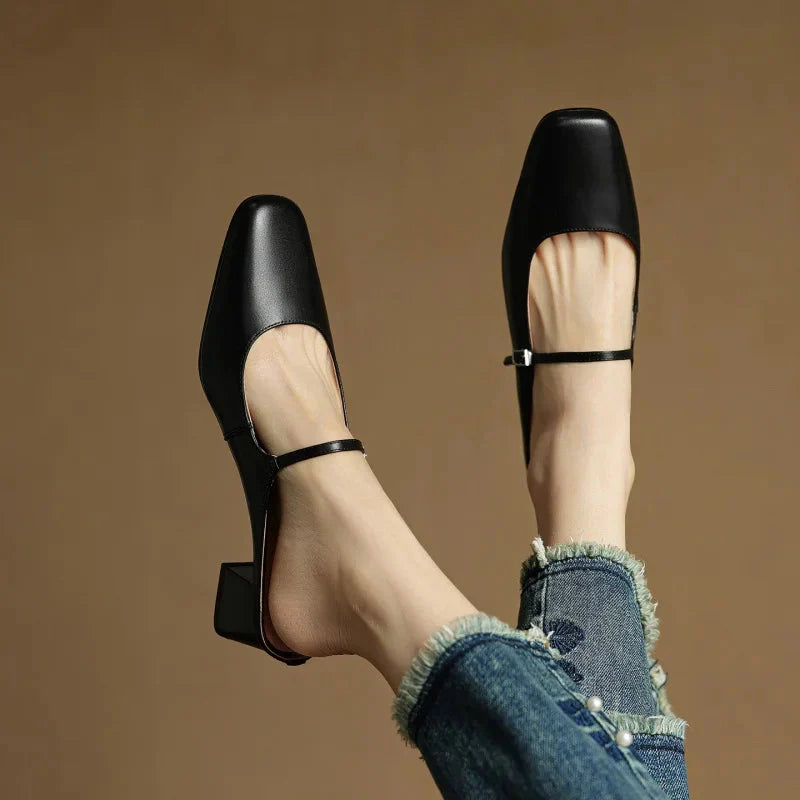Women's Square Toe Open-Back Mary Jane Block Heel
