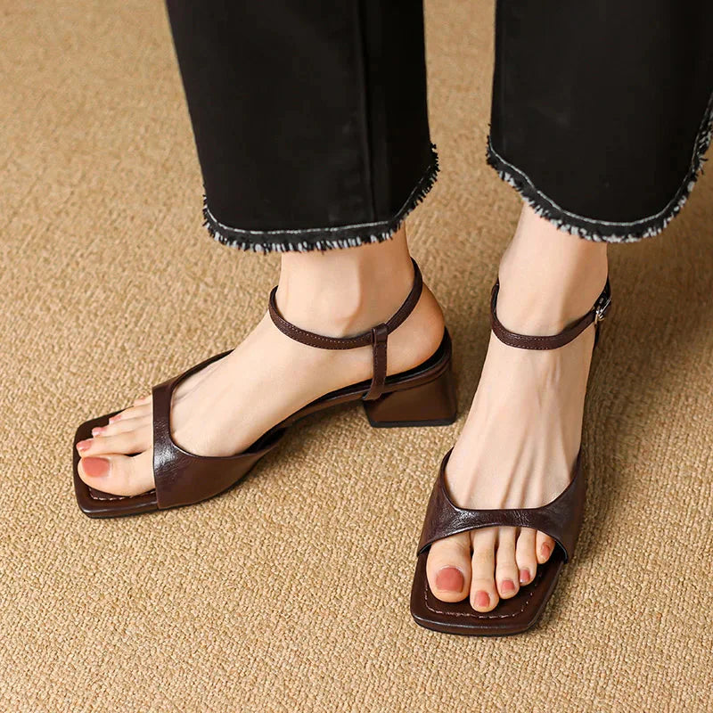 Women's Square Toe T-Strap Block Heel Sandal