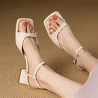 Women's Square Toe T-Strap Block Heel Sandal