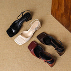 Women's Square Toe T-Strap Block Heel Sandal