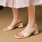 Women's Square Toe T-Strap Block Heel Sandal