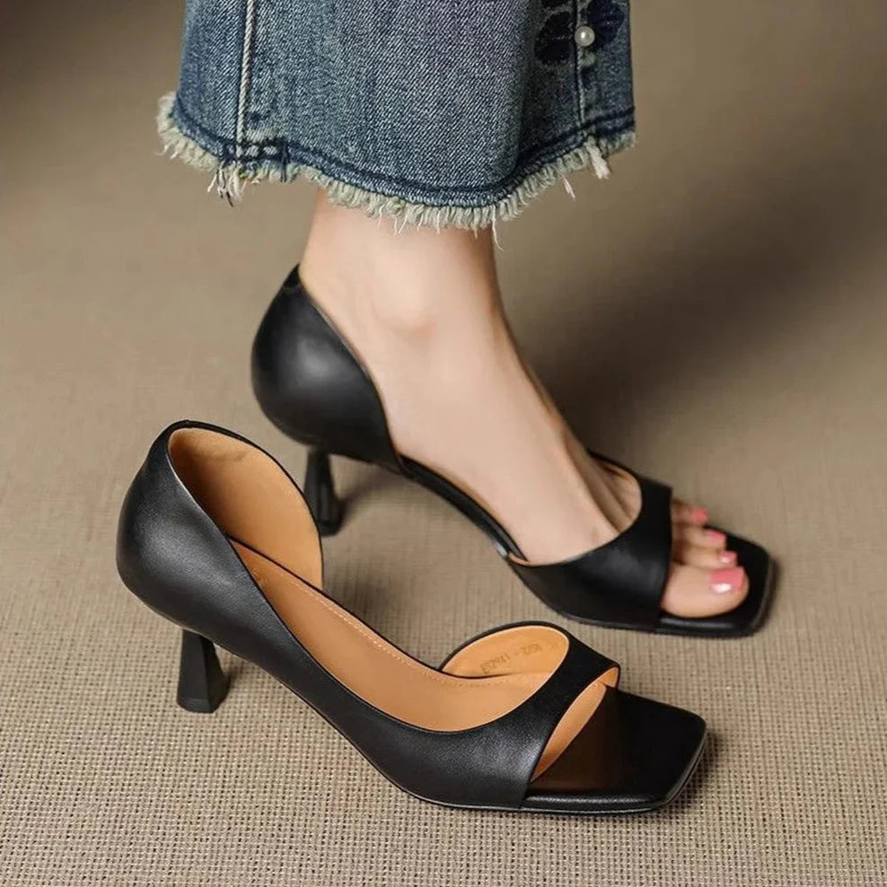 Women's Square Toe Wide-Vamp Flared Heel Mule