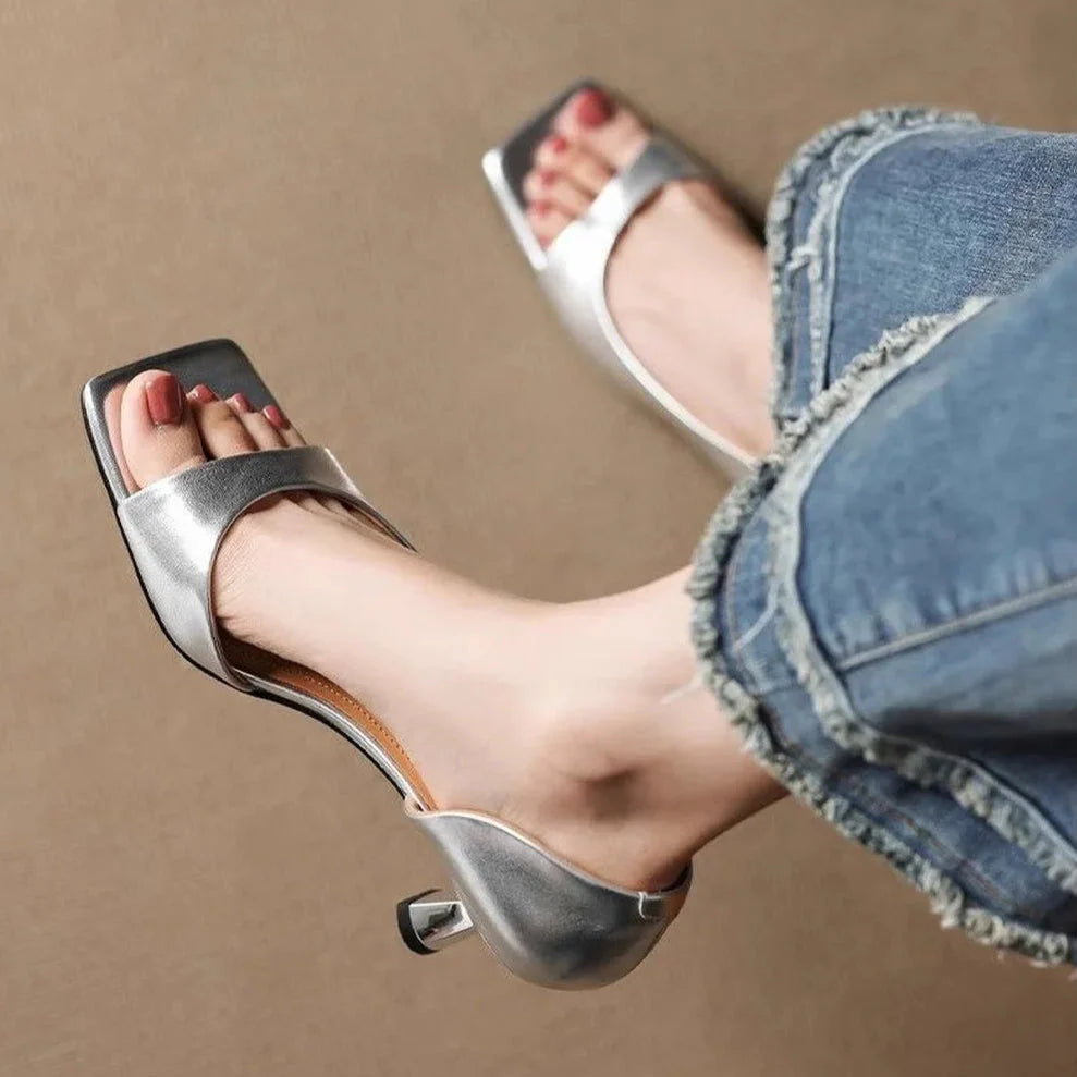 Women's Square Toe Wide-Vamp Flared Heel Mule