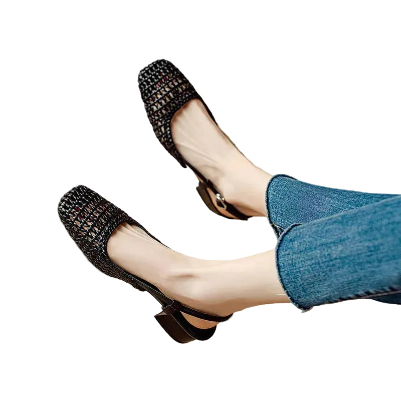 Women's Square Toe Woven Upper Slingback Block Heel Pump