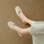 Women's Square Toe Woven Upper Slingback Block Heel Pump