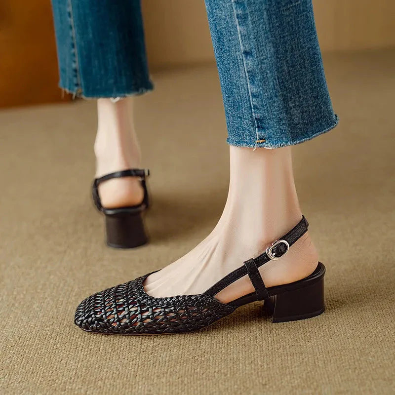 Women's Square Toe Woven Upper Slingback Block Heel Pump
