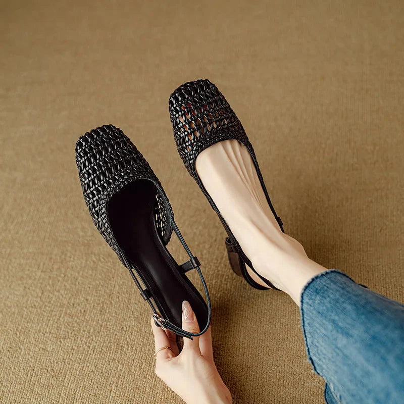Women's Square Toe Woven Upper Slingback Block Heel Pump