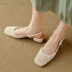 Women's Square Toe Woven Upper Slingback Block Heel Pump