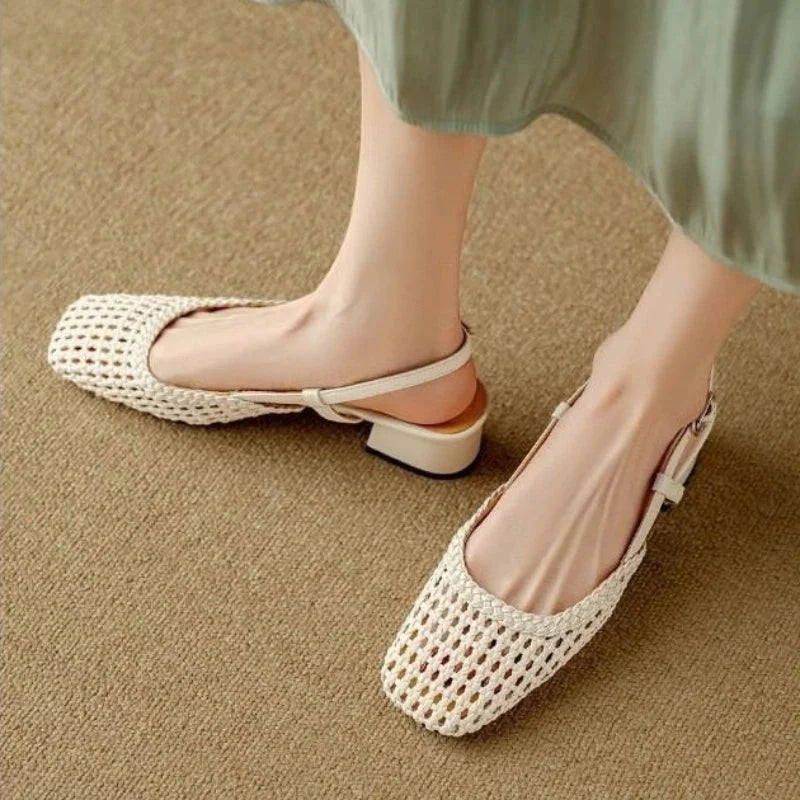 Women's Square Toe Woven Upper Slingback Block Heel Pump