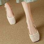 Women's Square Toe Woven Upper Slingback Block Heel Pump
