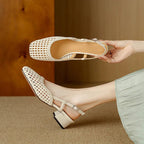 Women's Square Toe Woven Upper Slingback Block Heel Pump