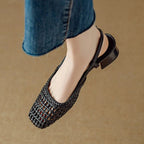 Women's Square Toe Woven Upper Slingback Block Heel Pump