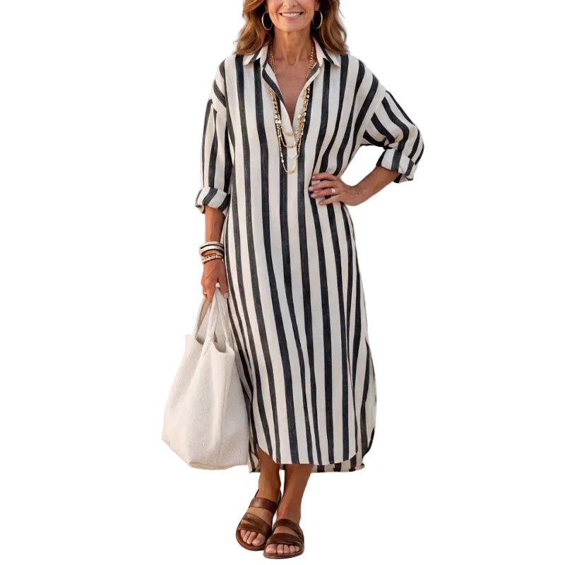 Women's Striped Button-Front Midi Shirt Dress