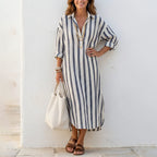 Women's Striped Button-Front Midi Shirt Dress