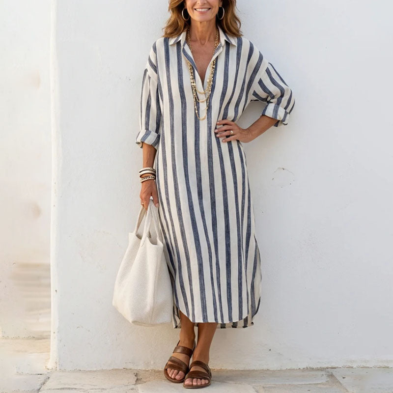 Women's Striped Button-Front Midi Shirt Dress