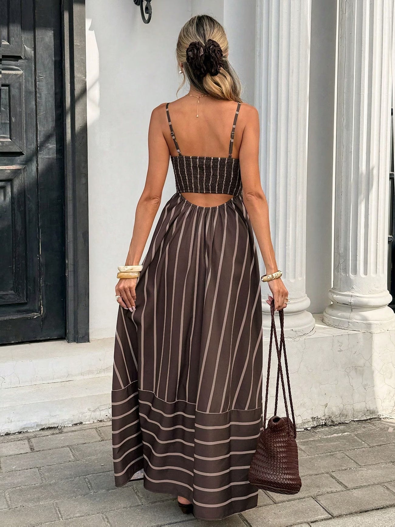 Women's Striped Maxi Dress with Cut-Out Back