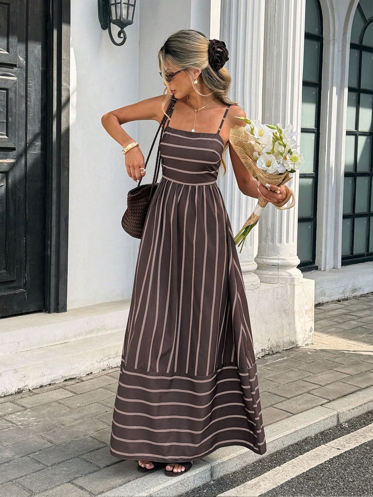 Women's Striped Maxi Dress with Cut-Out Back
