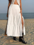Women's Tiered Maxi Skirt with Floral Embroidery