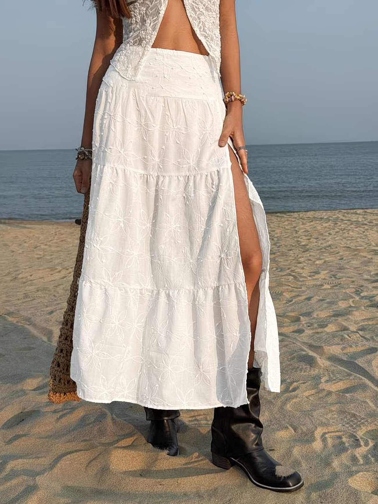 Women's Tiered Maxi Skirt with Floral Embroidery