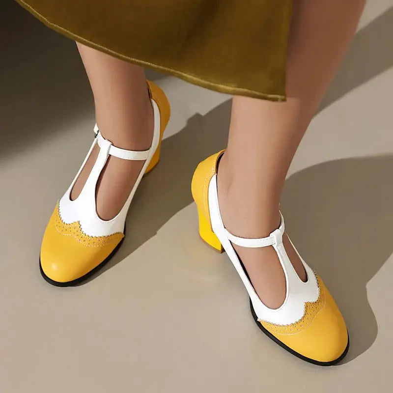 Women's Two-Tone T-Strap Block Heel Mary Jane