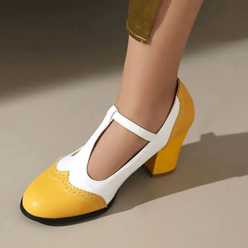 Women's Two-Tone T-Strap Block Heel Mary Jane