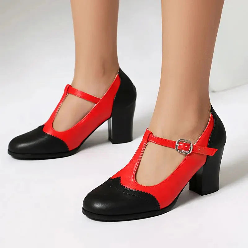 Women's Two-Tone T-Strap Block Heel Mary Jane
