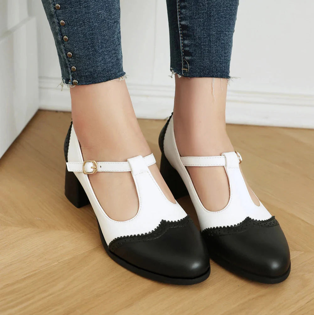 Women's Two-Tone T-Strap Block Heel Mary Jane
