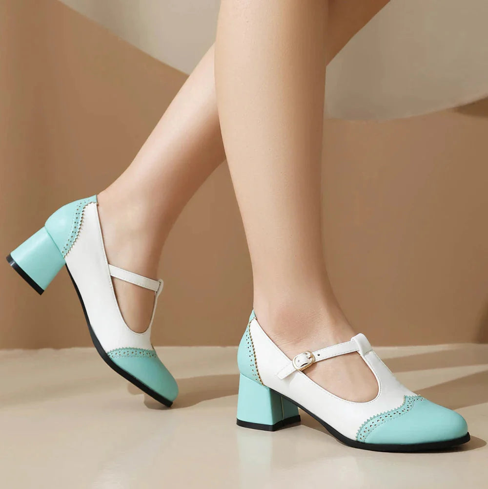 Women's Two-Tone T-Strap Block Heel Mary Jane