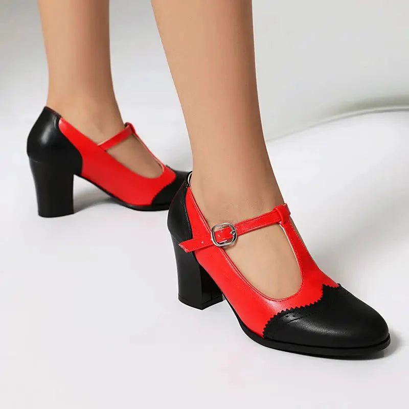 Women's Two-Tone T-Strap Block Heel Mary Jane