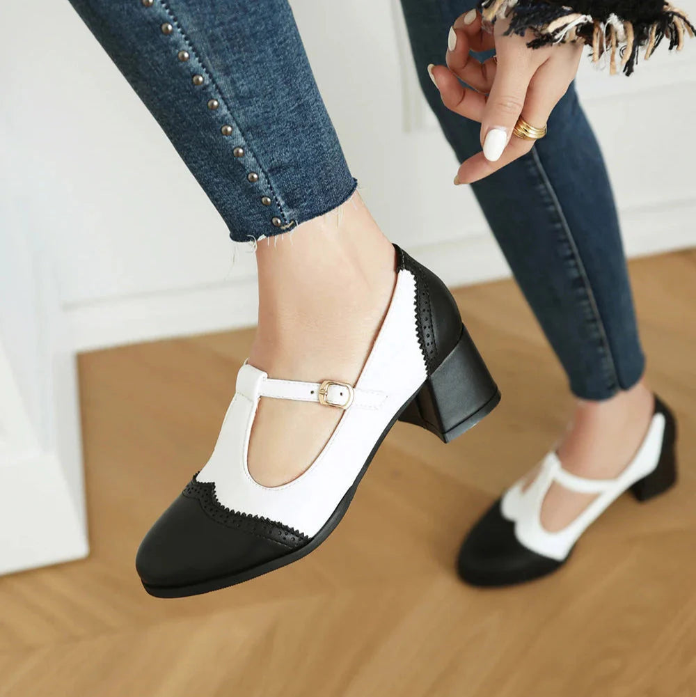 Women's Two-Tone T-Strap Block Heel Mary Jane