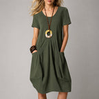 Women's V-Neck Pleated Midi Dress With Short Sleeves