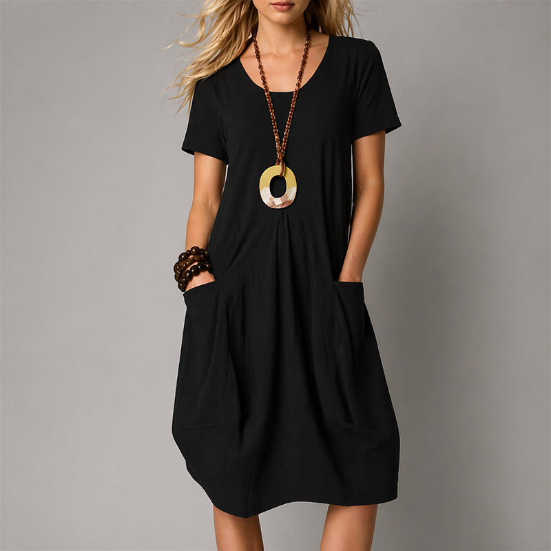 Women's V-Neck Pleated Midi Dress With Short Sleeves