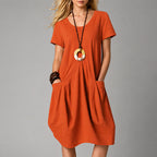 Women's V-Neck Pleated Midi Dress With Short Sleeves
