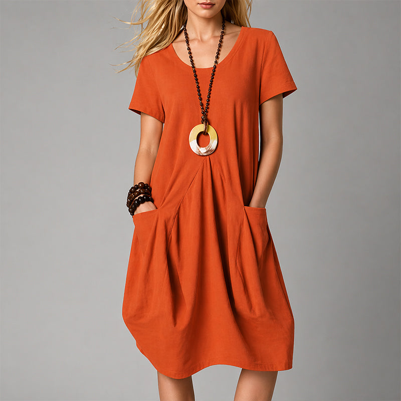 Women's V-Neck Pleated Midi Dress With Short Sleeves