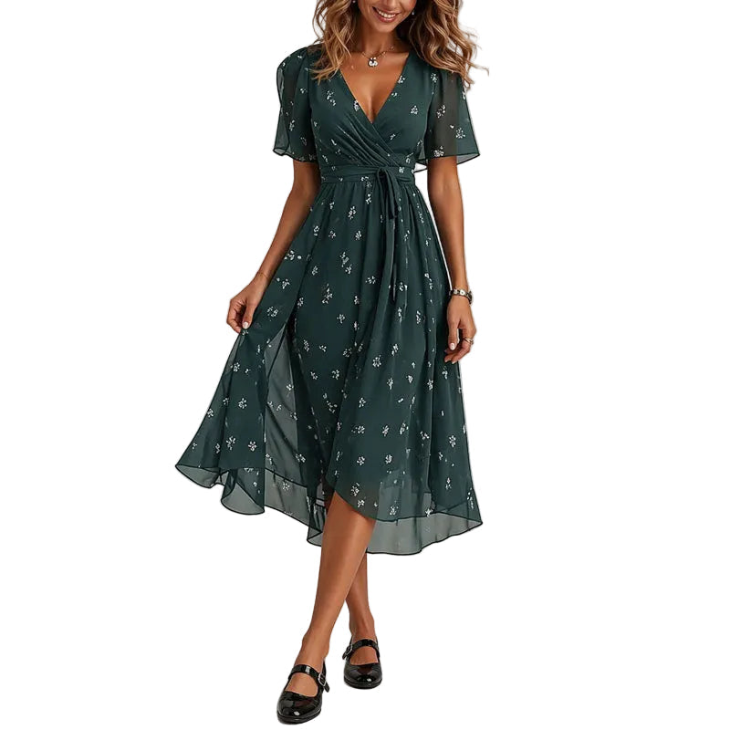 Women's Wrap Midi Dress With Flutter Sleeves