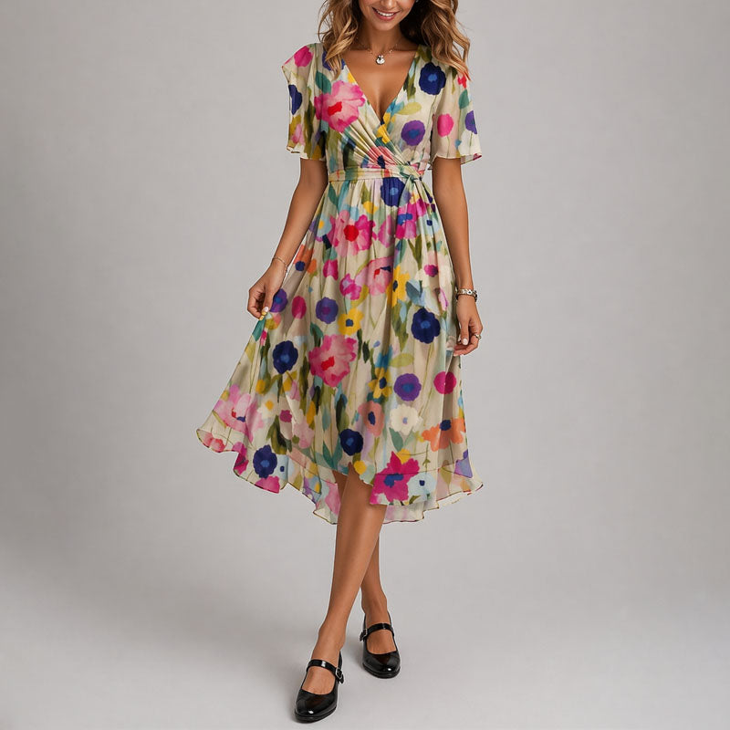 Women's Wrap Midi Dress With Flutter Sleeves