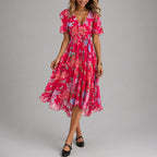 Women's Wrap Midi Dress With Flutter Sleeves