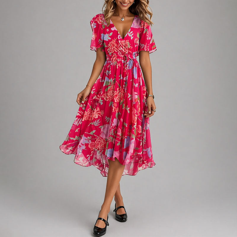 Women's Wrap Midi Dress With Flutter Sleeves