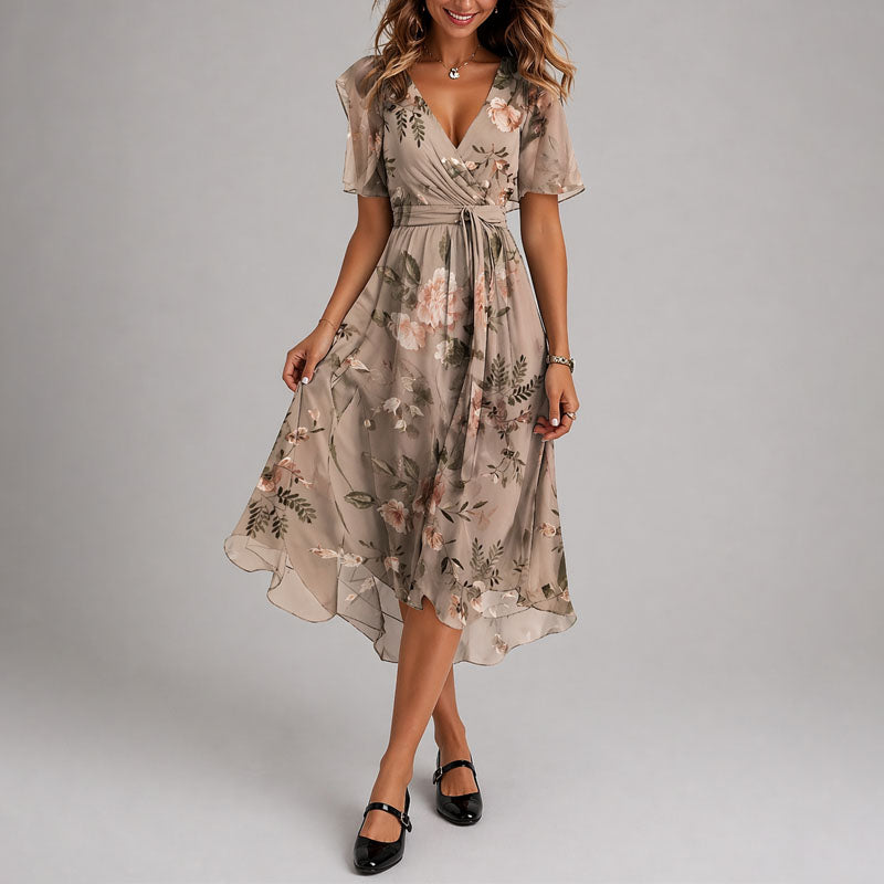 Women's Wrap Midi Dress With Flutter Sleeves